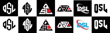 QSL harf logosu tasarımı altı stilde. QSL çokgeni, çember, üçgen, altıgen, düz ve basit stil siyah ve beyaz renk varyasyon harfi logosu bir sanat tahtasında. QSL minimalist ve klasik günlük kaydı