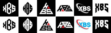 XBS harfli logo tasarımı. Altı stili. XBS çokgeni, çember, üçgen, altıgen, düz ve basit stil, siyah ve beyaz renk varyasyon harfi logosu bir sanat tahtasında. XBS minimalist ve klasik günlük kaydı