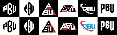PBU harf logosu tasarımı altı stil. PBU çokgeni, çember, üçgen, altıgen, düz ve basit stil siyah ve beyaz renk varyasyon harfi logosu bir sanat tahtasında. PBU minimalist ve klasik günlük kaydı