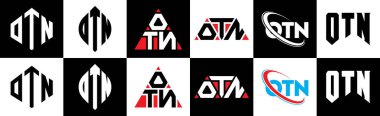 OTN harf logosu tasarımı altı stil. OTN çokgeni, çember, üçgen, altıgen, düz ve basit stil siyah ve beyaz renk varyasyon harfi logosu bir sanat tahtasında. OTN minimalist ve klasik günlük kaydı