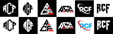 RCF harf logosu tasarımı altı stil. RCF çokgeni, çember, üçgen, altıgen, düz ve basit stil, siyah ve beyaz renk varyasyon harfi logosu bir sanat tahtasında. RCF minimalist ve klasik günlük kaydı