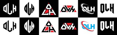 OLH harf logosu altı stili tasarlanmış. OLH çokgeni, çember, üçgen, altıgen, düz ve basit stil, siyah ve beyaz renk varyasyon harfi logosu bir sanat tahtasında. OLH minimalist ve klasik logo