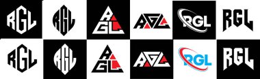 RGL harf logosu tasarımı altı stilde. RGL çokgen, çember, üçgen, altıgen, düz ve basit stil siyah ve beyaz renk varyasyon harfi logosu bir sanat tahtasında. RGL minimalist ve klasik günlük kaydı