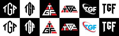 TGF harf logosu tasarımı. Altı stili. TGF çokgeni, çember, üçgen, altıgen, düz ve basit stil siyah ve beyaz renk varyasyon harfi logosu bir sanat tahtasında. TGF minimalist ve klasik günlük kaydı