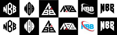 NBB harfli logo tasarımı altı stilde. NBB çokgeni, çember, üçgen, altıgen, düz ve basit stil, siyah ve beyaz renk varyasyon harfi logosu bir sanat tahtasında. NBB minimalist ve klasik günlük kaydı