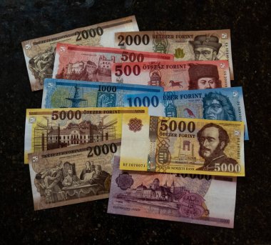 Macar forintlerinin banknotları. 10,000, 5000, 2000, 1000 ve 500 forint 'lik banknotlar. Macaristan Ulusal Bankası tarafından yayınlanmıştır..