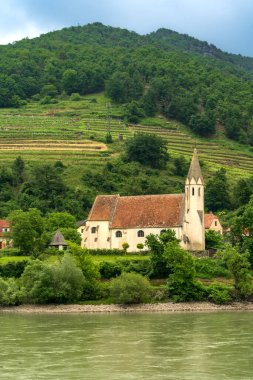 Vaçu Vadisi, Aşağı Avusturya - AT - 8 Haziran 2023 St. Sigismund, Schwallenbach Kilisesi manzaralı Tuna Nehri boyunca uzanan sarp tepe ve üzüm bağlarına kurulmuş.