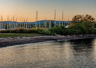 Batı Haverstraw, New York - ABD - 10 Ekim 2024 Hudson Nehri 'ndeki Hudson Su Kulübü' ndeki yat limanında yeşil ağaçların ve tepelerin üzerine kurulmuş yelkenli direkleri var..