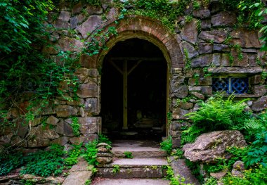 Millbrook, NY - US Jun 13, 2025 A stone archway at Innisfree Garden, framed by ferns and ivy-covered rocks, invites visitors into a lush, shaded world of natural beauty and quiet mystery.