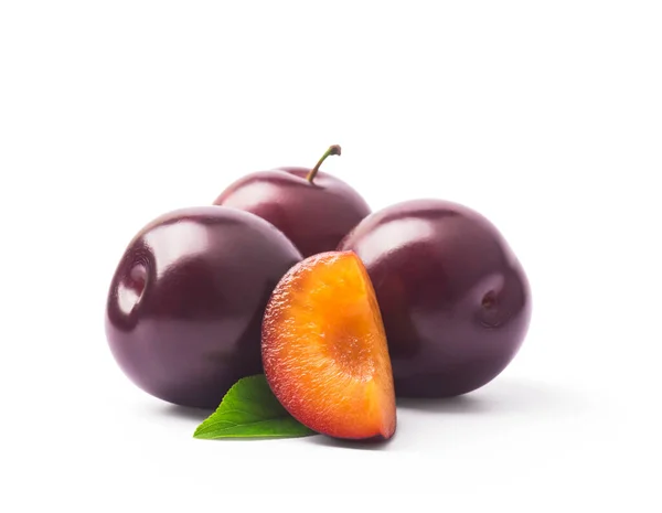 Juicy Purple Plum Fruits Cut Half Green Leaf Isolated White — Stock Photo, Image