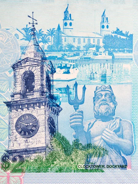 Dockyard Clock Tower Socha Neptuna Bermudských Peněz Dolar — Stock fotografie