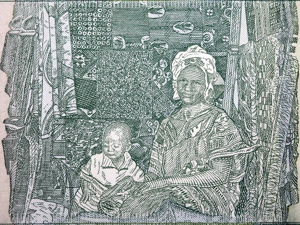 利比里亚货币中的市场妇女及其子女 100美元 — 图库照片