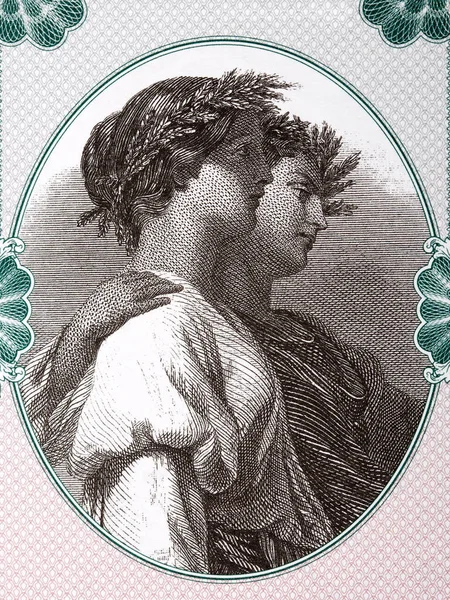 Πορτραίτο Ζευγαριού Στεφάνια Ελιάς Στα Κεφάλια Τους Από Χρήματα — Φωτογραφία Αρχείου