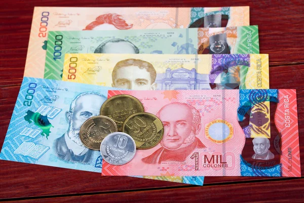 木制背景上的哥斯达黎加科龙硬币和钞票 — 图库照片