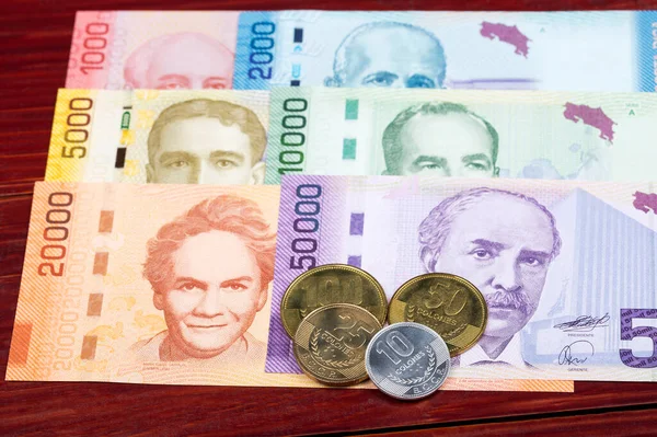 Monedas Billetes Colones Costarricenses Sobre Fondo Madera — Foto de Stock