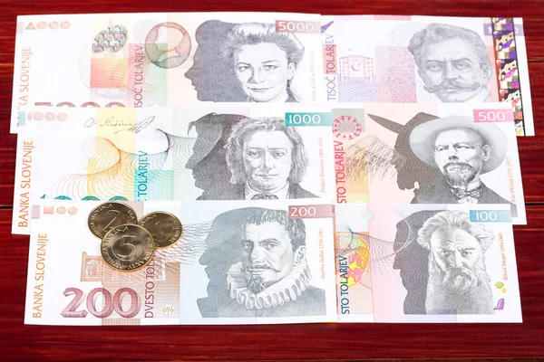 Szlovén Pénz Tolár Érmék Bankjegyek — Stock Fotó