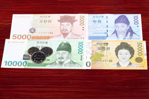 Dél Koreai Pénz Nyert Érmék Bankjegyek — Stock Fotó