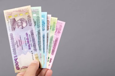 Bangladeş parası - gri bir arka planda elde taka