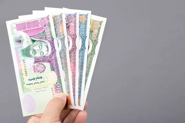 stock image Mongolian money - tugrik  in the hand on a gray background