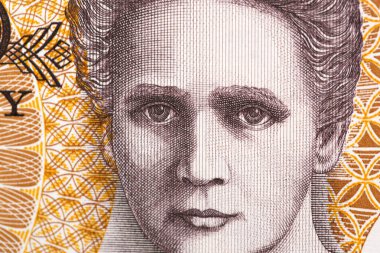 Marie Curie, eski Polonyalı parasının yakın plan portresi.