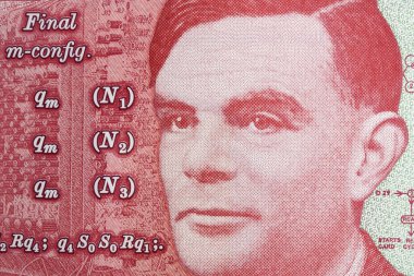 Alan Turing, İngiliz parasının yakın plan portresi.