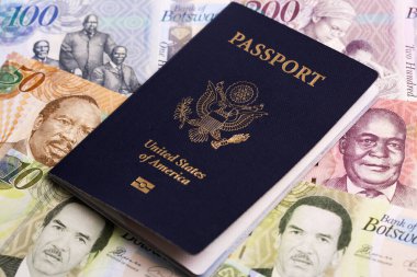 Botswanian parasıyla Amerikan pasaportu - Pula