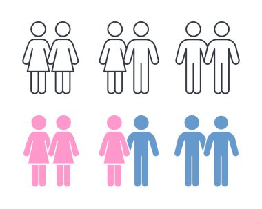 Heteroseksüel ve ev cinselliği ikonları. Bir çift erkek kadın el ele tutuşuyor. Satır ve siluet simgesi. Grafik ilişkisinin vektör kümesi aile sevgisi. Stok illüstrasyonu beyaz arkaplanda izole edildi.