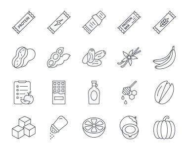 Protein bars and ingredients icons. Editable stroke vector line icon set. Nuts wheat honey coconut chocolate pie recipe. Sugar sodium dates vanilla maple syrup pumpkin citrus orange lemon.
