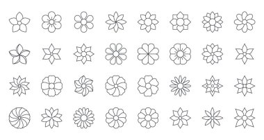 Çiçek vektör çizgisi simgeleri. Düzenlenebilir çiçek darbeleri. Çeşitli bahar ve yaz çiçekleri tomurcukları. Rose, unutma beni, papatya çayı ve diğerleri. Beyaz arkaplan üzerindeki stok illüstrasyonu.