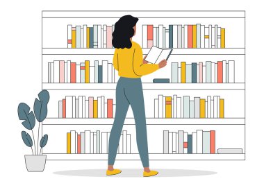 Genç bir kadın bir yığın kitabın önünde duruyor. Vector düz konsept kütüphane, öğrenme, sınav hazırlığı. Kız elinde bir kitap tutuyor ve okuyor. Ev kütüphanesi, kendi kendini geliştirme