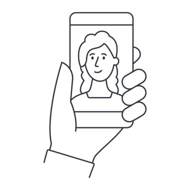 Vektör ikonu genç bir bayanla akıllı telefon tutuyor. Selfie, video görüşmesi, blog yazarı, konferans, internet kursu, kız arkadaş, doktor, randevu uygulaması. Düzenlenebilir vuruş sembolü.