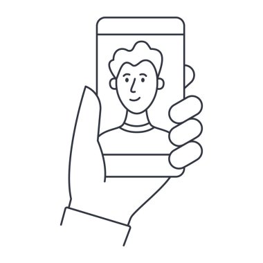 Vektör ikonu genç adamla akıllı telefon tutuyor. Selfie, video görüşmesi, blog yazarı. Çevrimiçi konferans kursu, erkek arkadaş, doktor, flört uygulaması. Düzenlenebilir felç sembolü. Stok illüstrasyonu.