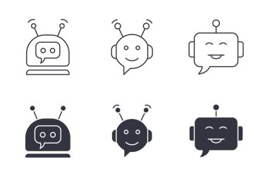 Vektör sohbet robotu simgeleri. Düzenlenebilir felç. Silüet ve çizgi sembolünü ayarla. Yapay zeka robotu, internet uygulaması için yapay zeka, sanal asistan. Otomatik robot makinesi, müşteri desteği. Stok illüstrasyonu.