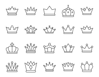 Vektör kraliyet taç simgeleri. Düzenlenebilir felç seti. Kral kraliçe prens prenses çizgisi logosu. Lüks şapka ödülü. Beyaz arkaplan üzerindeki stok illüstrasyonu.