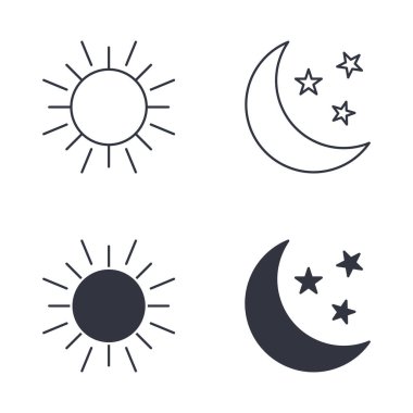Güneş ve ay, gündüz ve gece vektör simgeleri. Çizgi ve katı set sembolleri. Düzenlenebilir felç. Hilal ay ve yıldızlar, öğlen ve gece yarısı. Beyaz arkaplandaki stok illüstrasyonu.