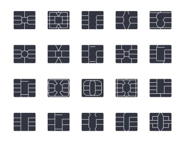 EMV çipi siyah katı vektör simgeleri. Düzenlenebilir felç. Terminallerde ve ATM 'lerde kesintisiz ödeme. NFC simgesini ayarla. Kredi kartı için kare bilgisayar çipleri. Stok illüstrasyonu.