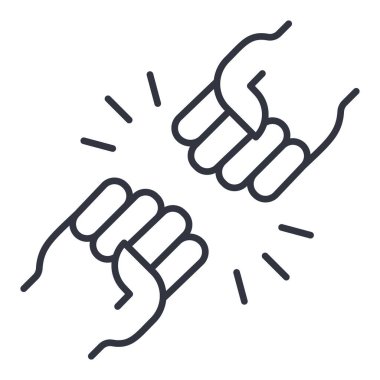 Vektör çizgisi simgesi yüzleşmesi. Düzenlenebilir felç. Yumruk, kavga, şiddet, spor müsabakası, dostça selamlaşma. Siyah borsa sembolü beyaz arkaplanda izole edildi.