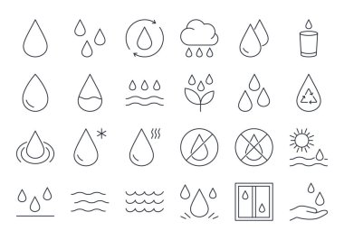 Vektör ikonları su damlası. Düzenlenebilir vuruş hattı ayarlandı. Nehir dalgaları güneş yağmuru, cam içinde berrak su. Geri dönüşüm sembolü, soğuk ve sıcak. Beyaz arkaplandaki stok illüstrasyonu.