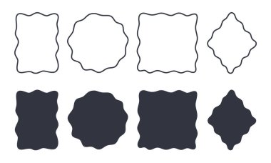 Vektör dalgalı sınır çerçevesi. Çizgi ve siluet simgeleri ayarlandı. Düzenlenebilir felç. Karalama geometrik şekiller, kare dikdörtgen daire eşkenar dörtgen. Beyaz arkaplan üzerindeki stok illüstrasyonu.