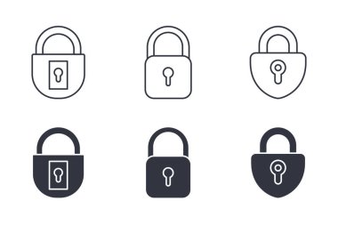 Vektör simgeleri kapalı kilit. Erişim kontrolü, ev güvenliği, gizlilik ayarları. Erişilebilirlik sembolü, açık kapalı bilgi. Düzenlenebilir çizgi ve kabartma işareti.