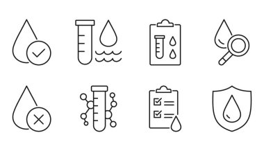 Vektör ikonları su kalitesinde. Sıvı kalite kontrolü, pozitif ve negatif sonuçlar. Laboratuvar testleri, tüp sıvısı, su koruması ve arıtma. Düzenlenebilir vuruş ince satır.