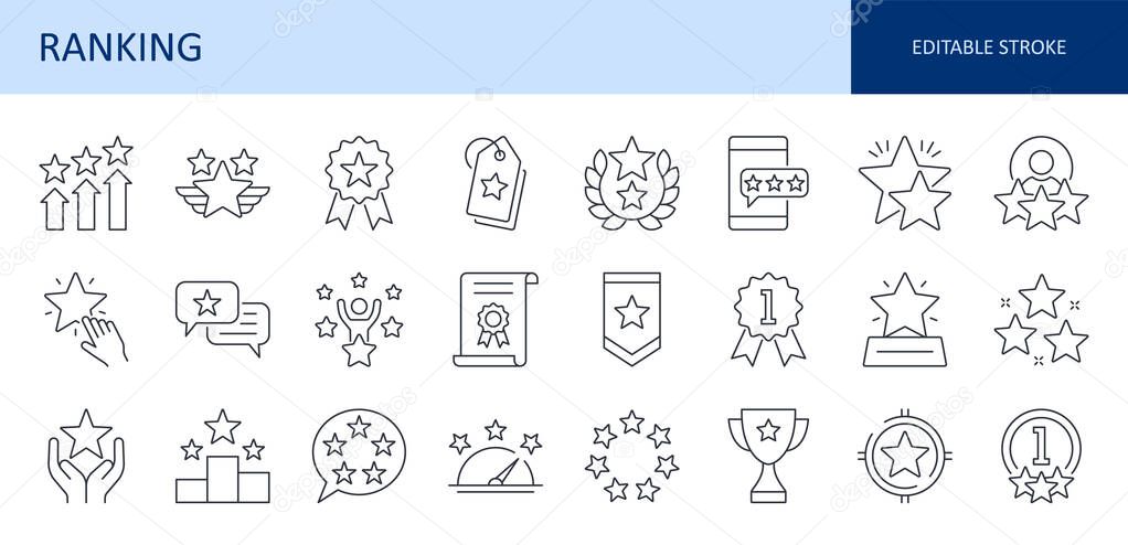 Vector icons ranking. Badge of high quality products, prize in competition, first place. Success in achieving goal, winner. Certificate of quality, approval from customers. Editable stroke line set.