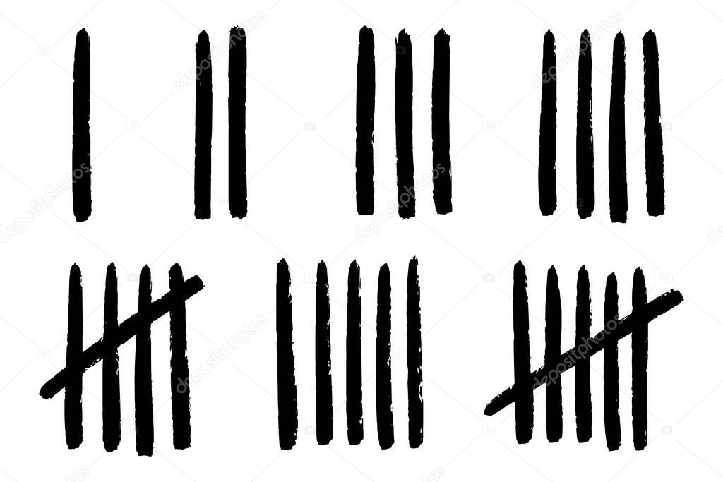 Vector lines counting the date in prison. Vertical stripes scratch handdrawn. 1, 2, 3, 4, 5 days sketch on wall. Stock illustration isolated on white background.