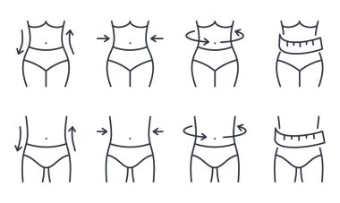 Kadın ve erkeğin zayıflatıcı simgeleri. Düzenlenebilir ince çizgi. Sembol diyet sporu sağlıklı yaşam tarzı. Zayıf, zinde bir kız. Beyaz arkaplanda siyah işaret izole edildi.