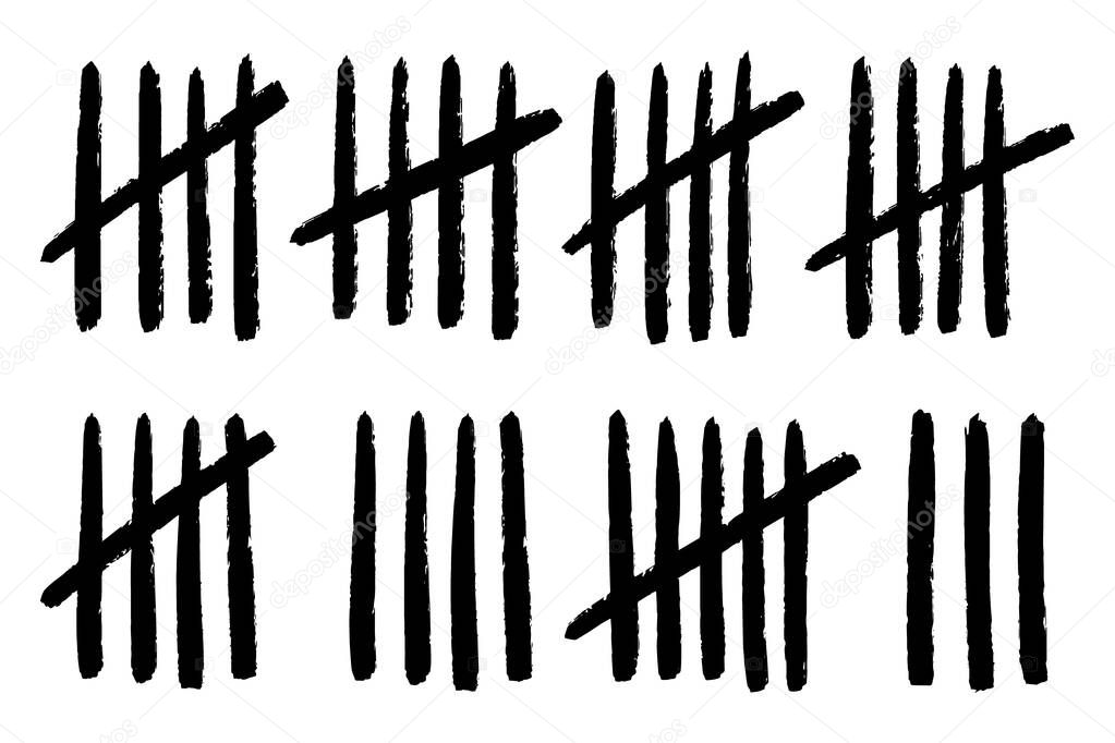Vector lines counting the date in prison. Vertical stripes scratch handdrawn. 3, 4, 5 days sketch on wall. Stock illustration isolated on white background.