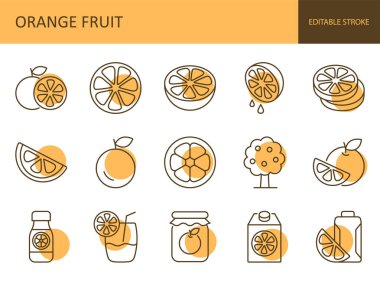 Vektör rengi portakal meyvesi simgeleri. Kesik ve yarım yapraklı turunçgiller. Taze meyve suyu, meyveli ağaç, kavanozda tatlı reçel içer. Beyaz arkaplanda düzenlenebilir ince çizgi siyah set.