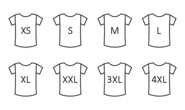 Vektör simgeleri giyim kılavuzu. XS 'den 4XL' e kadar olan tişörtler. Düzenlenebilir ince çizgi siyah set. Giysi dikme ve satmada küçük, orta, büyük semboller.