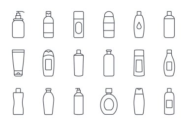 Şampuan şişesinin vektör simgeleri. Kozmetik ürünleri, güzellik ve saç sağlığı için saç kremi. Sürdürülebilir plastik organik ambalaj. Sıvı sabun merhemi, nemlendirici maskeler. Düzenlenebilir vuruş ince satır.