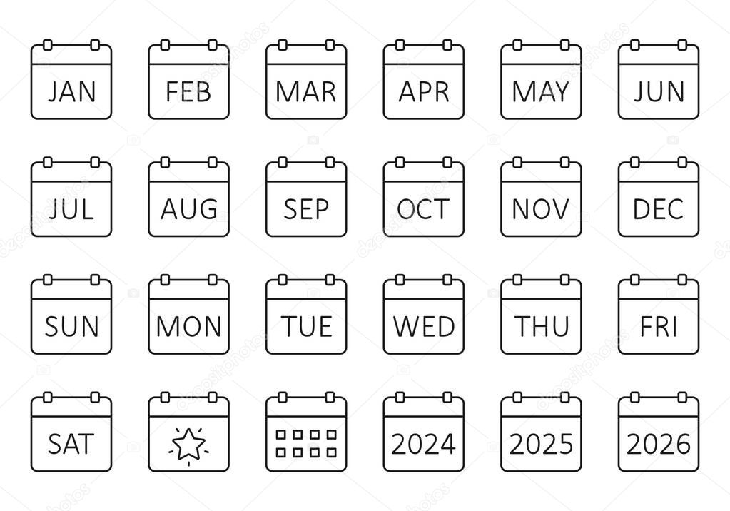 Vector icons calendar. 12 months of the year, days of the week and 2024 2025 2026. Schedule with exact date, work and vacation planning. Editable stroke thin line black set.