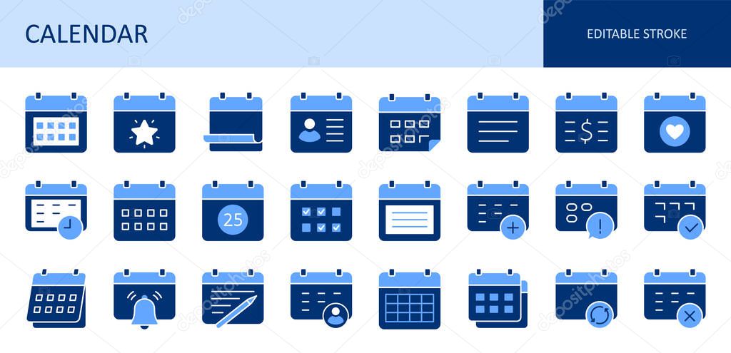 Vector icons calendar. Work and personal life planning, ogranizer to-do list. Keep a diary and tax bill payment calendars. Meeting dates, vacation and birthday. Editable stroke blue solid set.